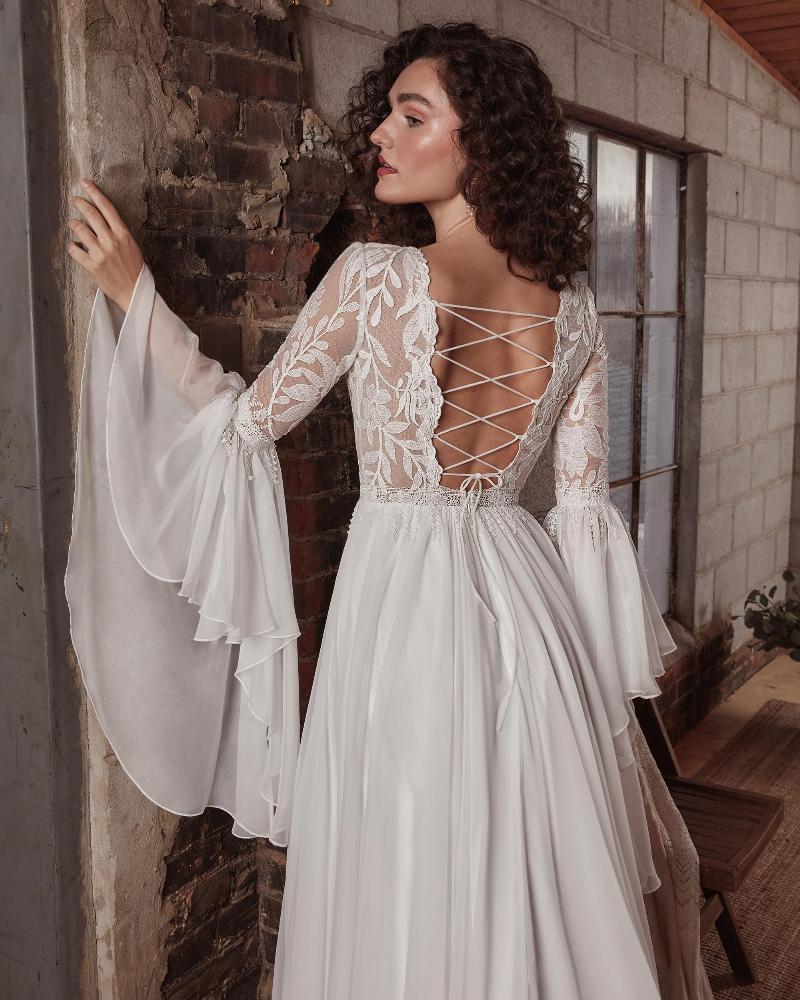 Lp2132 high neck boho wedding dress with bell sleeves and open back4